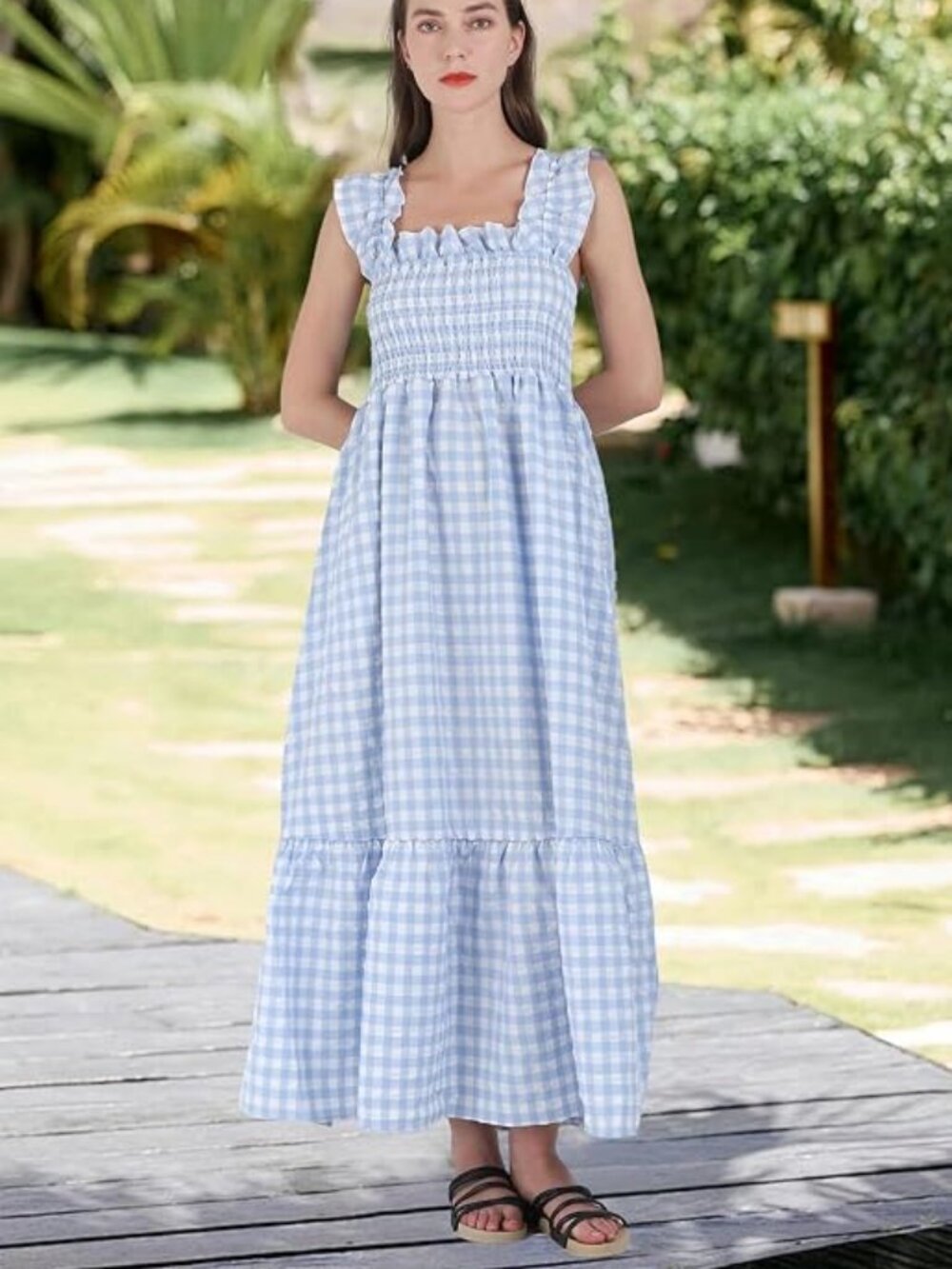 Women's Retro Plaid Smocked Dress Spaghetti Strap Flounce Long Dress